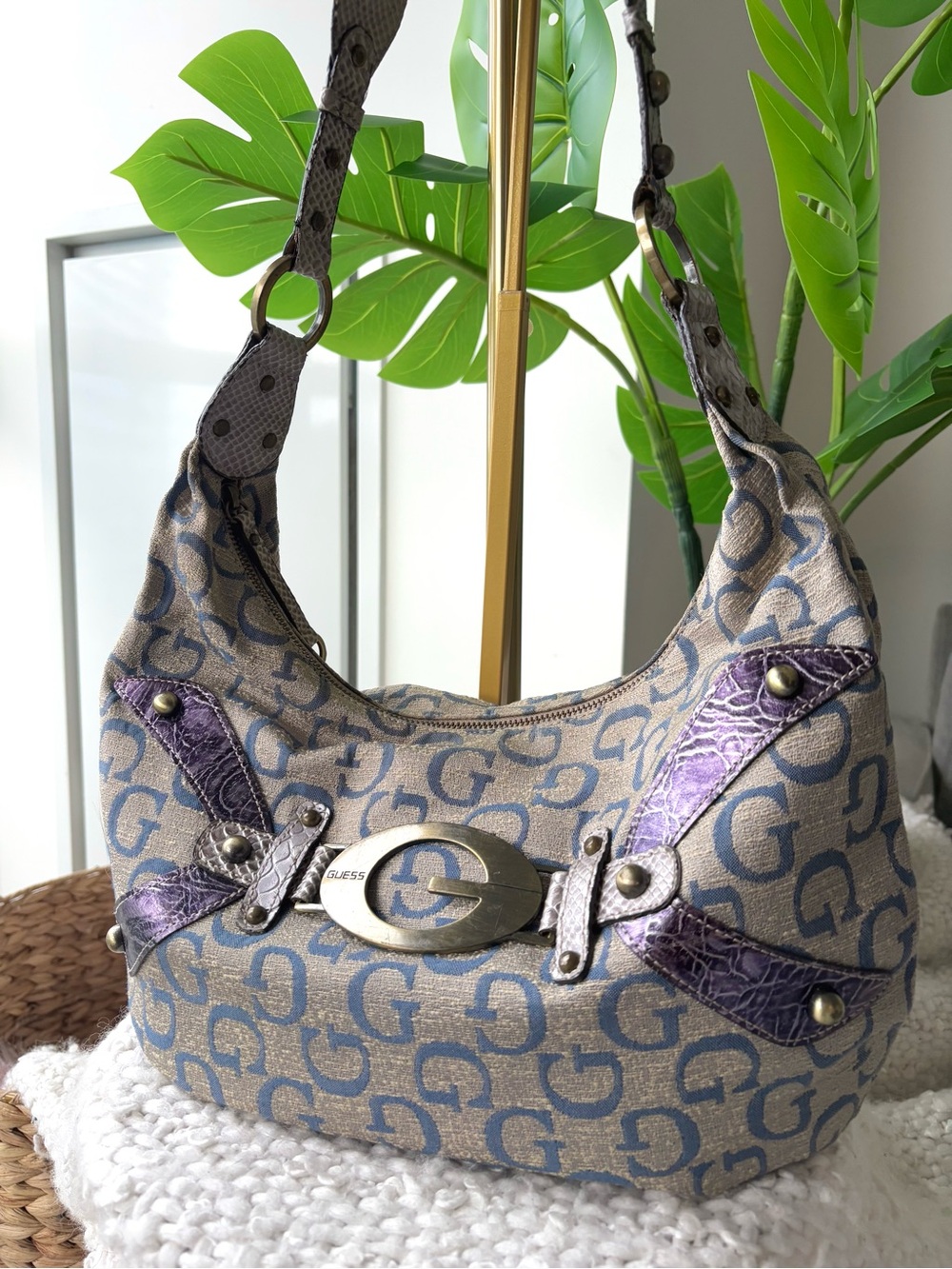 Vintage Y2K GUESS Blue Purple Monogram Hobo Bag Big G Buckle McBling 2000s Glam